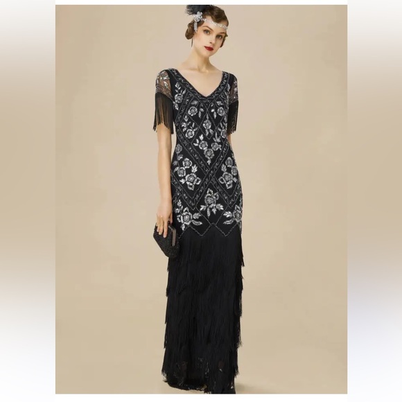 Babeyond 1920’s Full Length Black and Silver Flapper Dress size XL - Picture 3 of 14